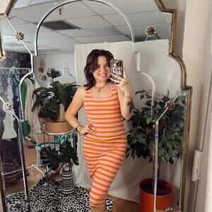 Zara Crossback Stripe Bodycon Midi Dress Pink Orange Size XS